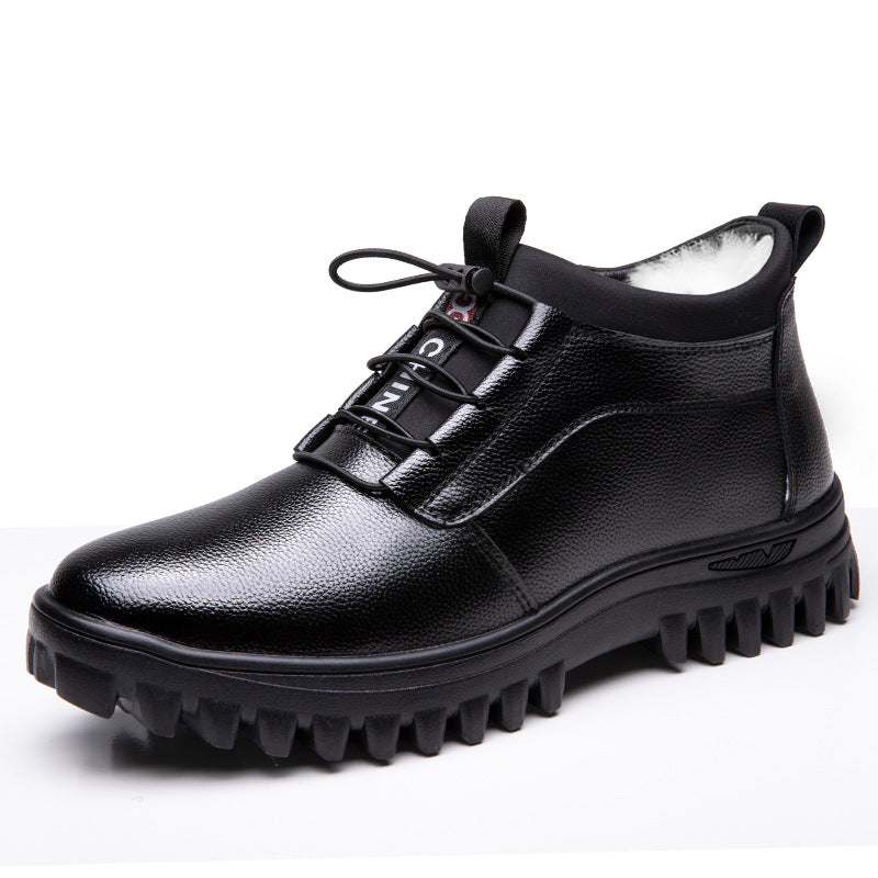 High-Top Cotton Boots 2026 Winter New Style Workwear Men's Shoes Trendy Wool Snow Boots Leather Lace-Up Warm Leather Shoes