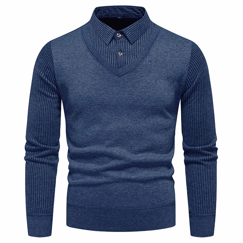 Foreign trade winter men's sweater sweater bottoming shirt fleece-lined fake two-piece shirt collar thickened warm cotton sweater men