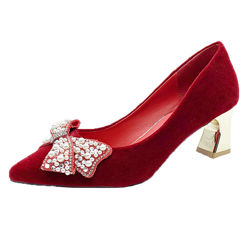 Red Wedding Shoes Women's 2022 New Pearl Bow High Heels Pointed Thick Heel Shoes Xiuhe Shoes Spot Hair