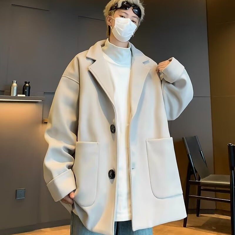 Japanese Solid Color Mid-length Woolen Coat Men's All-match High-end Casual Black Woolen Suit British Jacket