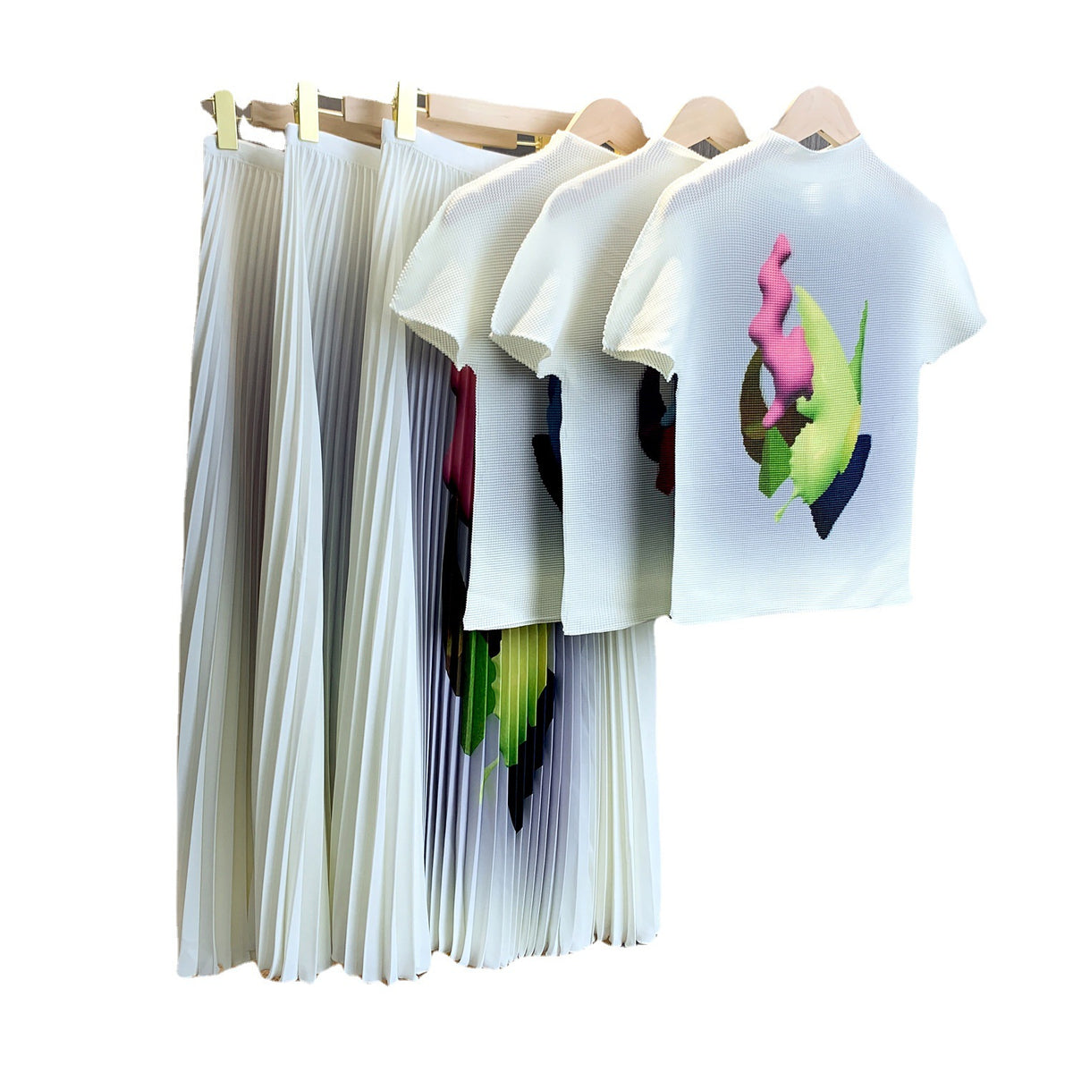 Factory Direct Approval New Miyake Corn Grain Print Art Graffiti Slim-fit Slimming Top Pleated Skirt Two-piece Set