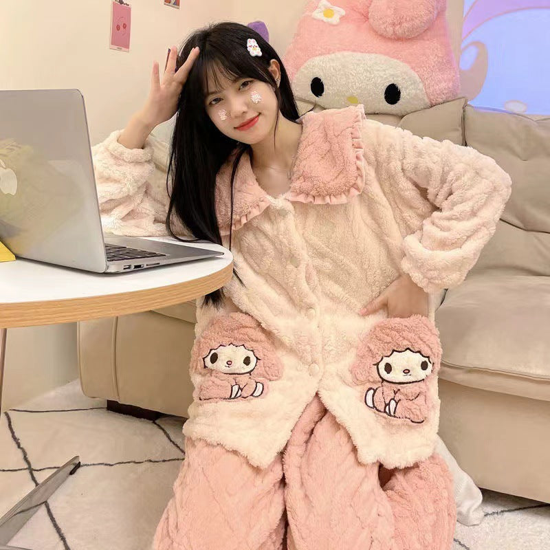 Pajamas Women's Autumn and Winter New Lazy Style V-neck Long-sleeved Princess Style Dormitory Warm Coral Fleece Home Clothes for Outer Wear
