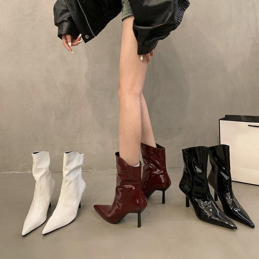 Pointed Toe Patent Leather Red Short Boots for Women 2025 Spring & Fall New Slim Stiletto Short Boots High Heels Slim Boots Nude Boots