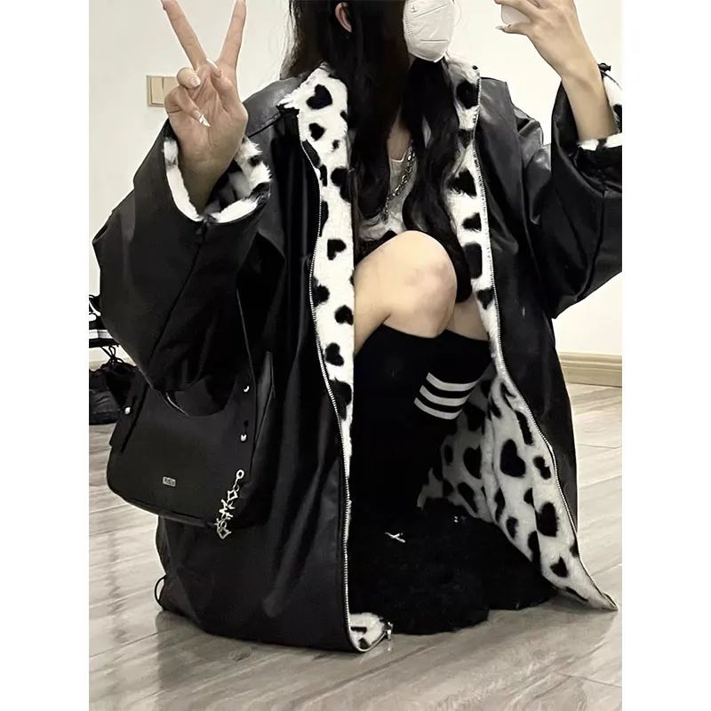 Double Face Wear Leopard Print Thickened Plush Coat Women's Winter New Hong Kong Style Retro PU Leather Coat Student Cotton-padded Jacket Fashionable