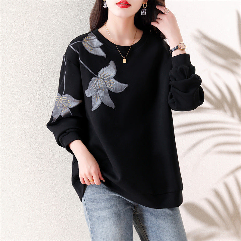 Real Shot Sweat Women's Autumn New Fashionable Elegant Loose Embroidered Top Slim Look plus size Fashionable Sweat