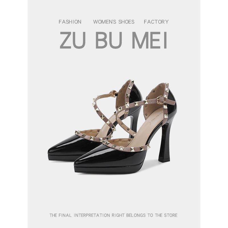 105-8 Sexy Rivet High Heels Women's Toe-Toe Hollow High-Heeled Sandals Women's Pointed Toe Stiletto Platform Shoes Women