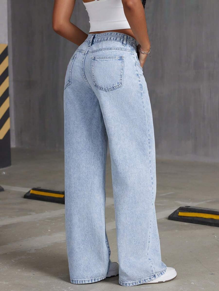 European and American Cross-Border 2025 New Loose Light Blue Washed Wide-Leg Jeans Pure Color Pants Women Jeans