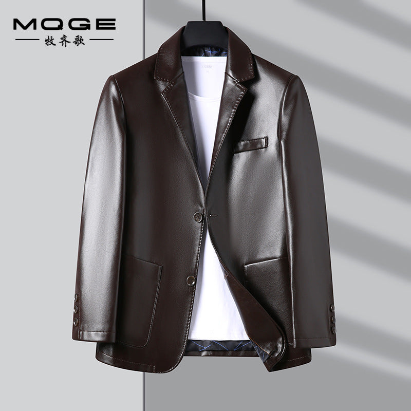 Leather coat men's autumn and winter new men's soft leather suit collar leather coat men's two-button casual leather suit cross-border