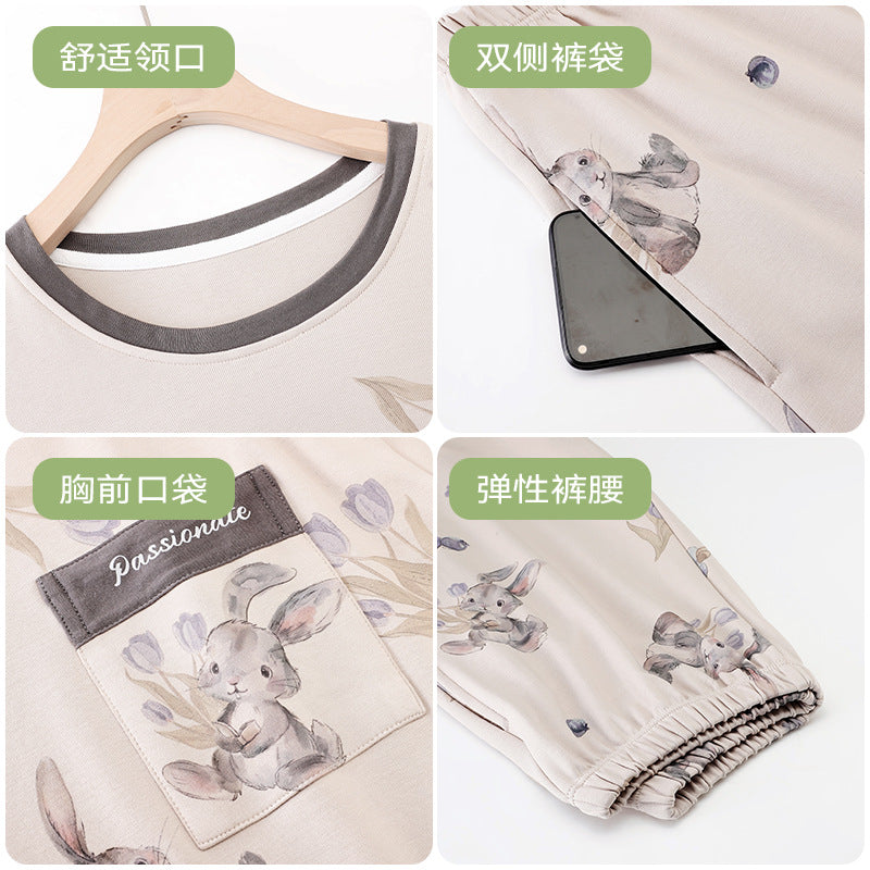 Pajamas for Women, Pure Cotton Long-Sleeved Pants, Can Be Worn Outside, Home Clothes, Quality with Chest Pads, Double-Sided Pure Cotton Large Size Pajamas Set