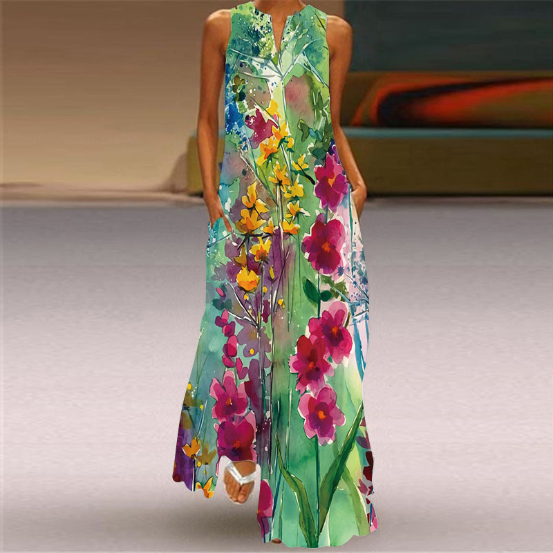 New Summer Women's Sleeveless Long Dress V-Neck Floral Print Dress European and American Cross-Border Foreign Trade Women's Clothing