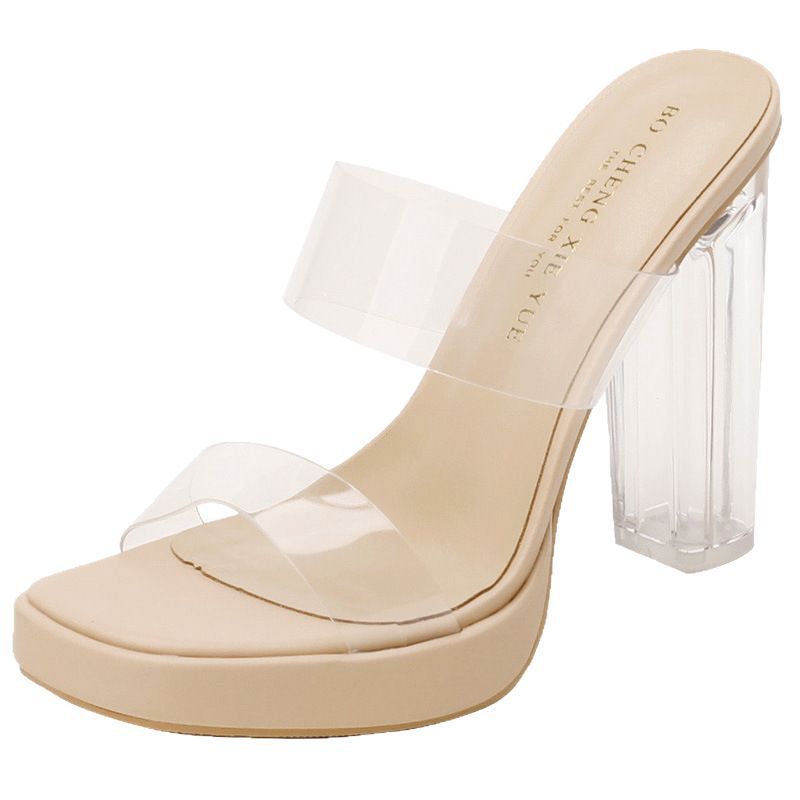 Real sheepskin transparent high heel girls shoes 2025 new waterproof platform with crystal heel thick heel sandals