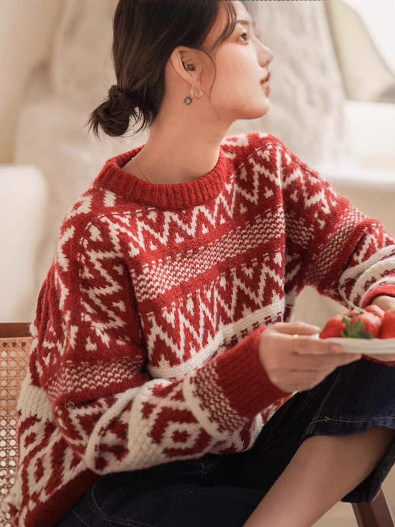 Vintage Red New Year Sweater Women's Winter Thickened Lazy Fell Island Contrast Color Knitted Sweater Design Sense Loose Outer Wear
