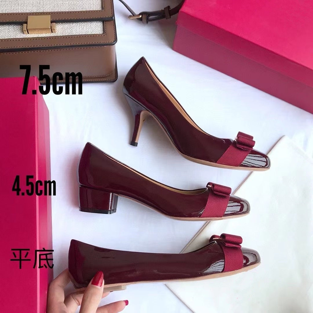 High Version Spring New Style Small Red Shoes Round Toe Comfortable Bow Shoes Thick Heel Flat Patent Leather French Women's Wedding Shoes