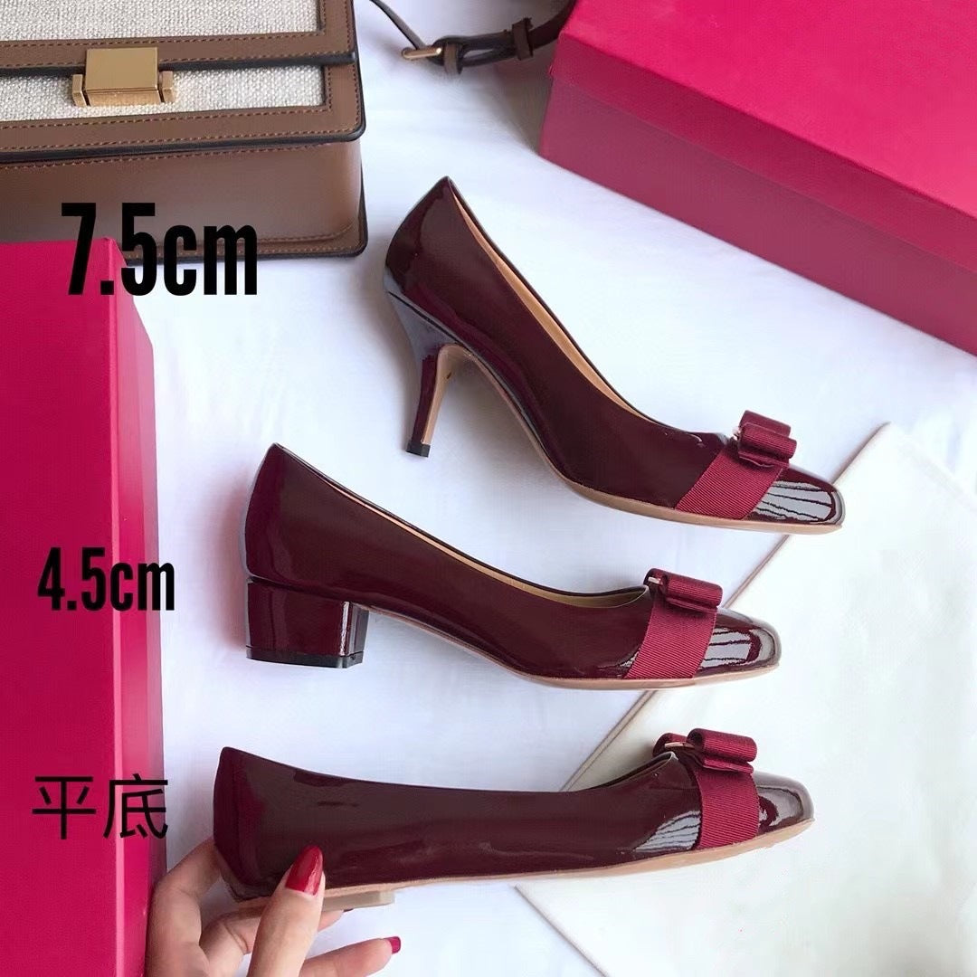 High Version Spring New Style Small Red Shoes Round Toe Comfortable Bow Shoes Thick Heel Flat Patent Leather French Women's Wedding Shoes