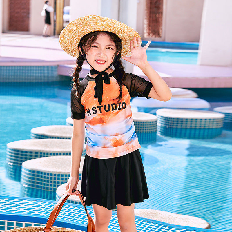 Children's Swimwear Girl's 2024 Summer New Girls' Split Skirt Swimwear Sunscreen Swimwear for Middle and Big Kids and Students