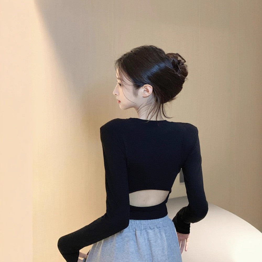 Trendy Spicy Girl Backless Long-Sleeve T-Shirt with Hollow Design for Women, Autumn Inner Wear Crop Top