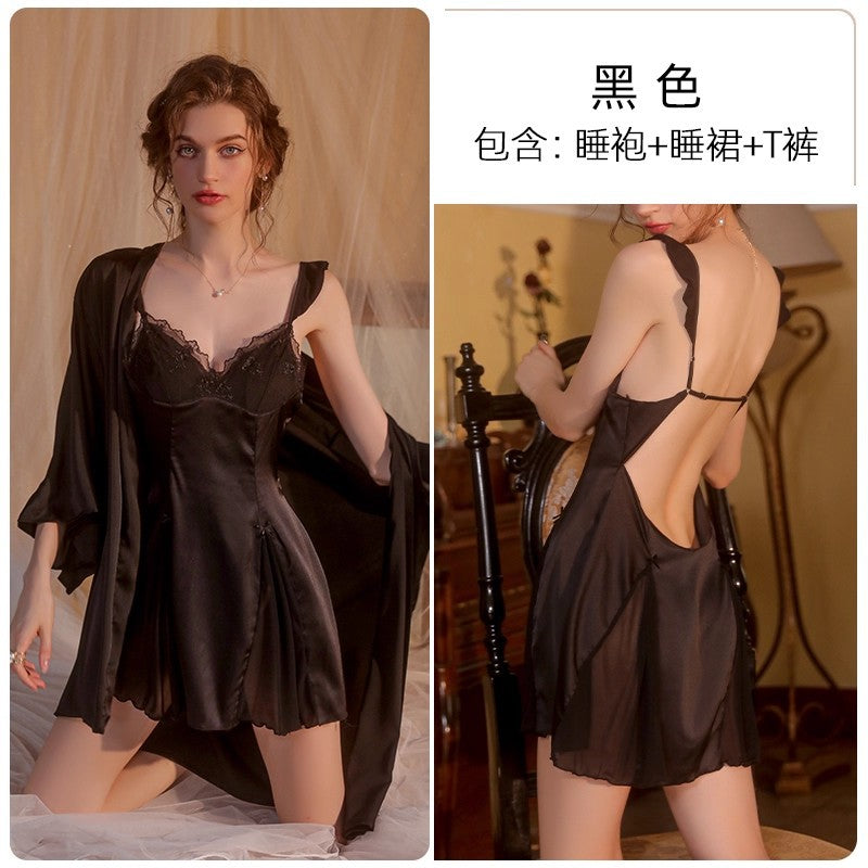 Sexy Women's Nightgown with Straps and Chest Pads, New Lace Summer Ice Silk Nightdress, Home Wear Set with a High-End Feel