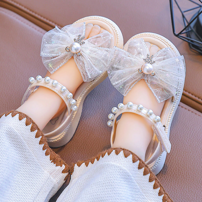 Girls' Sandals New Summer 2024 Children's Soft Sole Velcro Princess Shoes Bow Small Middle and Large Children's Girls Summer
