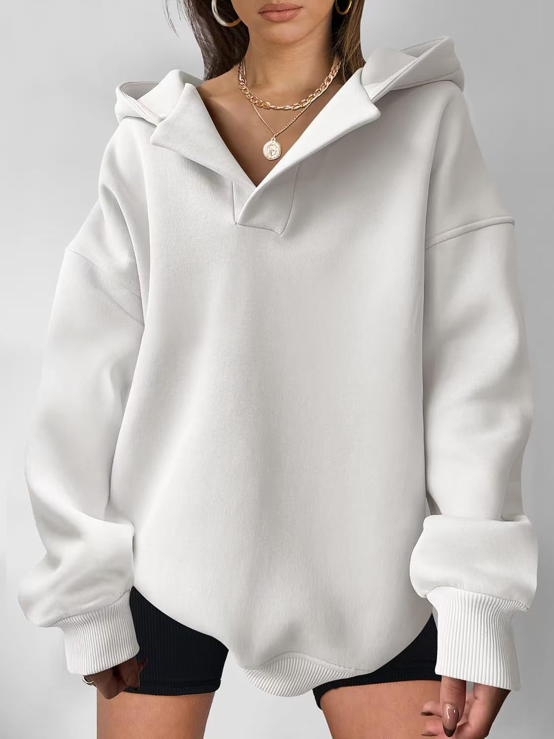 Cross-Border European and American Autumn and Winter Women's Sports Hoodies Long-Sleeved Hooded Solid Color Loose Large Size Fleece Sweatshirts Women's Tops