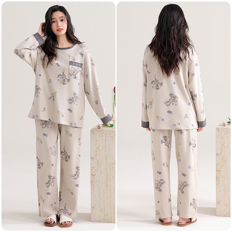 Pajamas for Women, Pure Cotton Long-Sleeved Pants, Can Be Worn Outside, Home Clothes, Quality with Chest Pads, Double-Sided Pure Cotton Large Size Pajamas Set