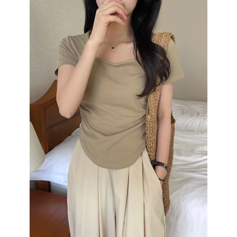 Pleated Slim-Fit Sweetheart Neckline Short-Sleeve T-Shirt for Women, Summer Pure Desire Style, Regular Shoulder, Solid Color, Collarbone Top