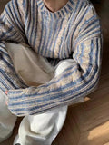 2024 Winter Casual Retro Mixed Color Striped Knitted Trendy Sweater Sense Men's Design Sense Crewneck Pullover for Hair