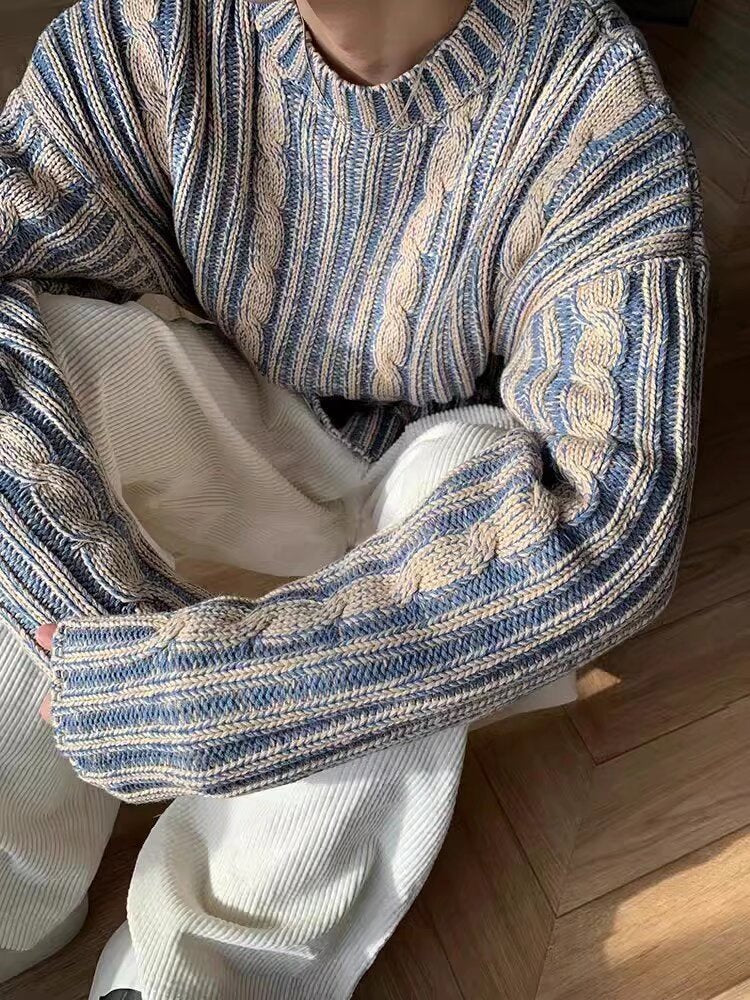 2024 Winter Casual Retro Mixed Color Striped Knitted Trendy Sweater Sense Men's Design Sense Crewneck Pullover for Hair