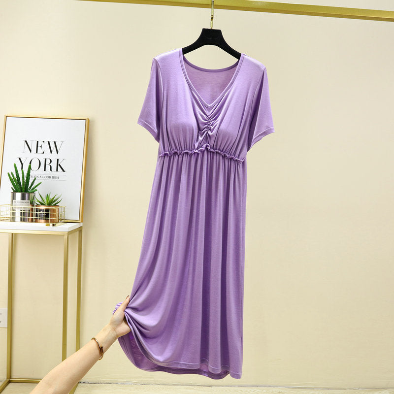 Women's Summer Thin Non-Bra Pajamas with Chest Pad Modal Loose Large Size Short Sleeve V-neck Home Dress