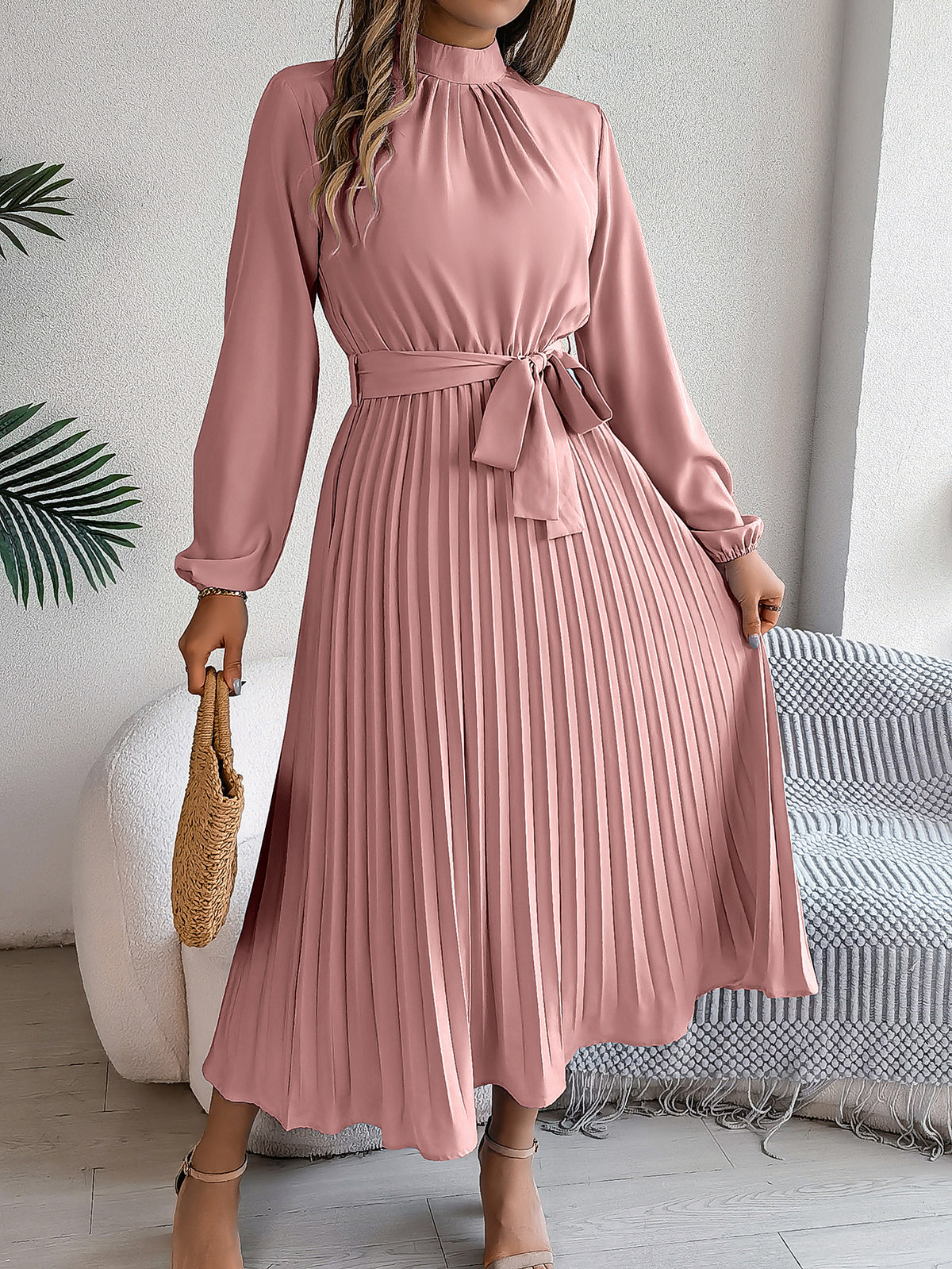 2026 European and American Spring/Summer Elegant Stand Collar Long Sleeve Waist-Cinched Pleated Long Dress Mini Dress Amazon Cross-Border Women's Clothing