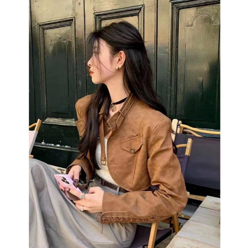 Design Sense Brown Vintage Leather Jacket Women's 2024 Autumn and Winter Short Pu Deerskin Jacket Top