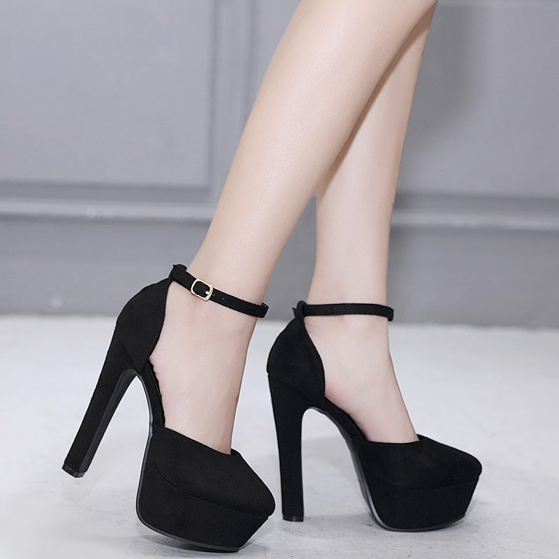 Women's shoes hollow black high heel platform 14cm factory direct supply in stock cross-border foreign trade low-cut chunky heel high heels