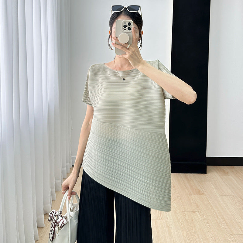 Foreign trade sanzhai top for women 2023 new loose slimming irregular versatile high-grade pleated t-shirt for women