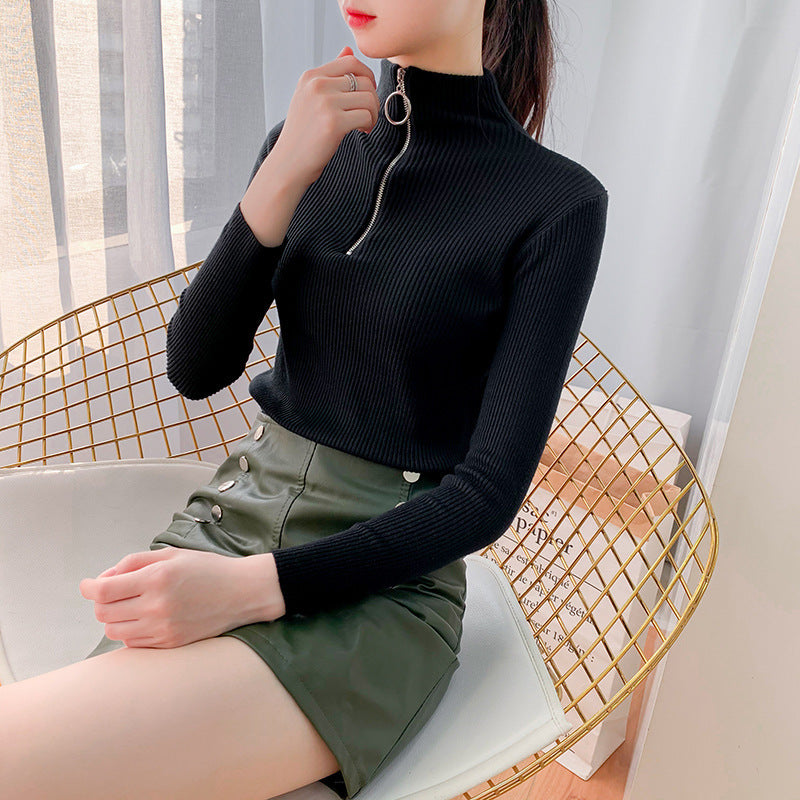 Spring sweater women's semi-high collar ring zipper slim outer wear long sleeve middle collar base sweater sweater top wholesale