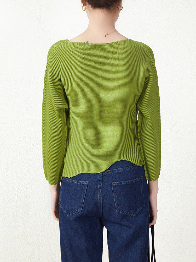Pleated Long-Sleeved Top for Women, Miyake Spring/Summer, Loose Round-Neck T-Shirt, Solid Color Base Shirt, Breathable, Lightweight, Short Style