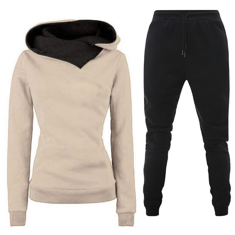 Cross-border autumn and winter thickened fleece casual sportswear solid color women's irregular hoodie sweatshirt sweatpants suit
