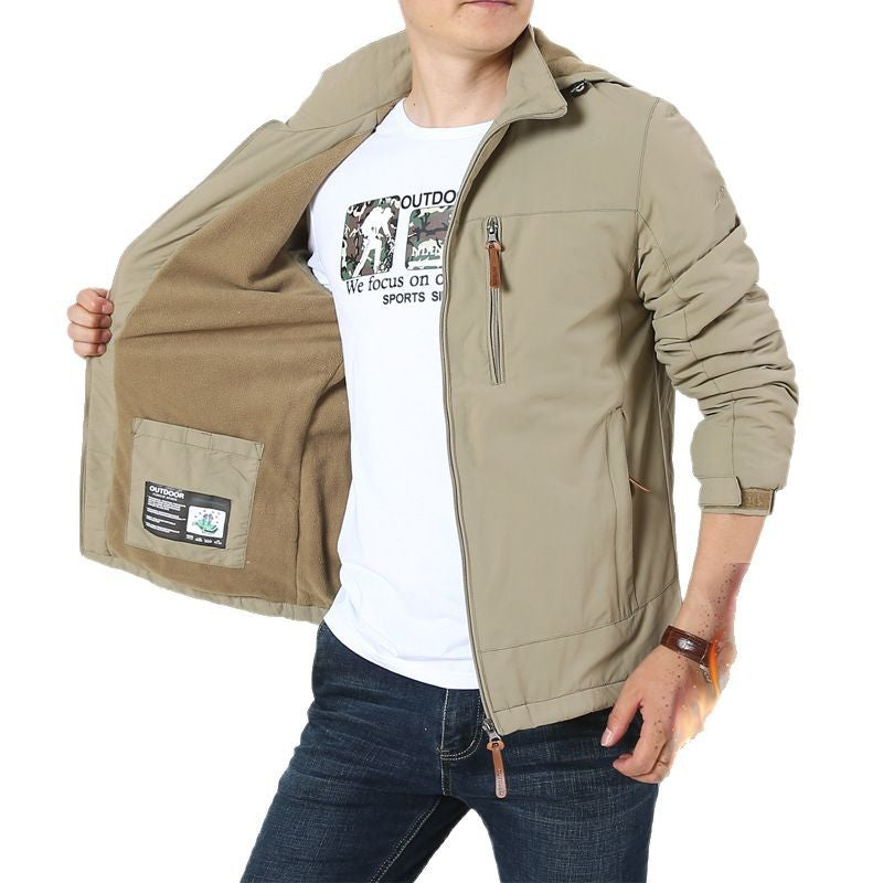 Men's Autumn and Winter Jacket Hooded Business Casual Velvet Thickened Top Waterproof Young and Middle-Aged Hooded Windbreaker Jacket