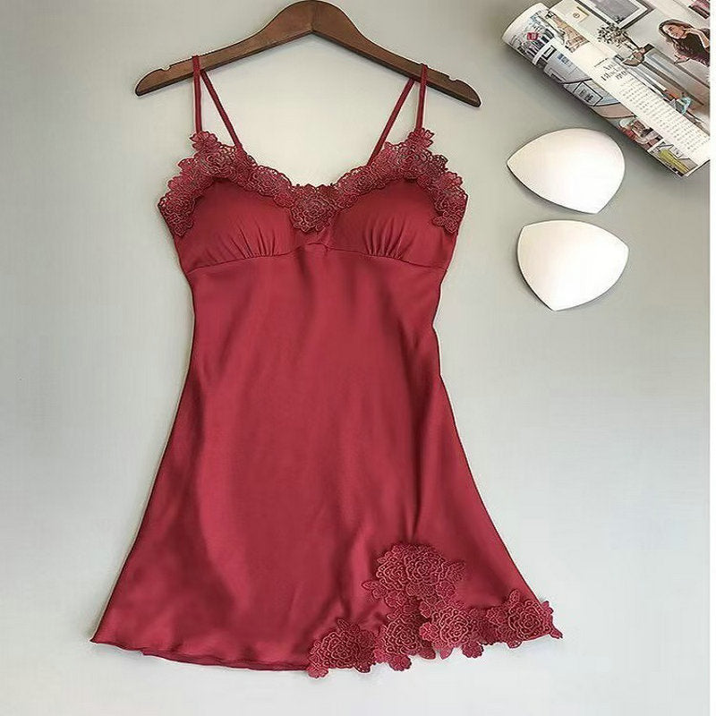 Sexy Suspender Skirt with Breast Pad Pajamas for Women Summer Women's Silk Suspender Pajamas Lace Large Size Home Dress