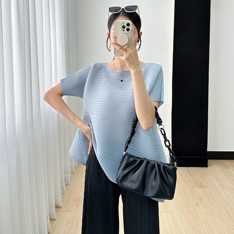 Foreign trade sanzhai top for women 2023 new loose slimming irregular versatile high-grade pleated t-shirt for women