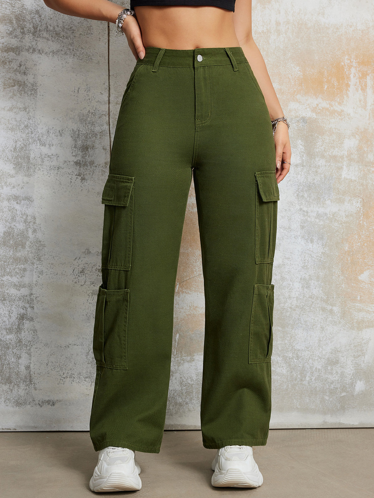 European and American Women's Street Fashion Multi-Pocket Workwear Straight Pants High Waist Slimming Loose khaki Jeans Women