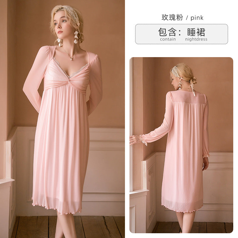 All-Season Long-Style High-End Sexy Pajamas Made of Modal with a Dreamy Sheer Mesh Overlay and Comfortable Chest Pads
