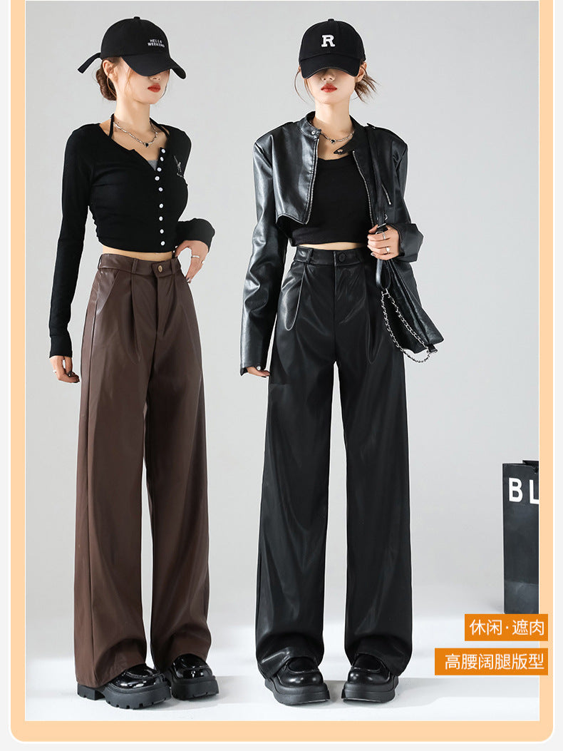 Leather Pants for Women Pu American Sexy Spring & Fall New Style Personalized Fashion Matte Retro High Waist Narrow Suit Wide Leg Pants
