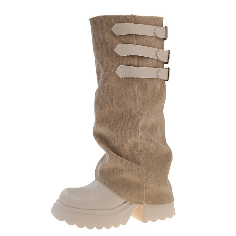 Unique Belt Buckle Long Boots for Women 2025 Autumn and Winter New Thick-Soled Stacked Tube Boots Sweet Cool Style High Knight Boots