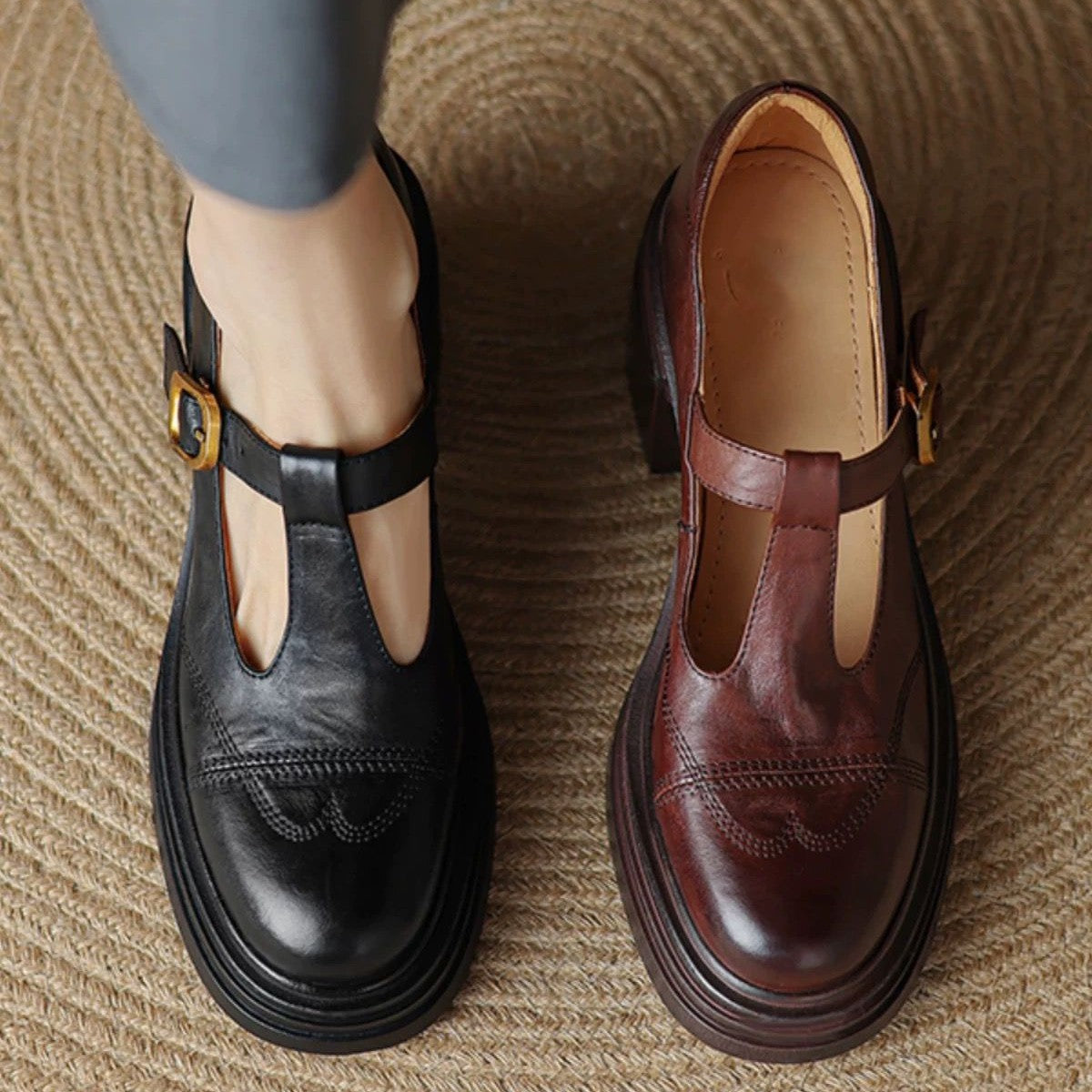 Washed Leather, Very Comfortable ~ New Soft Leather Shoes for Women, Thick Heels, Thick Soles, Mary Jane Shoes, Small Leather Shoes, French High Heels