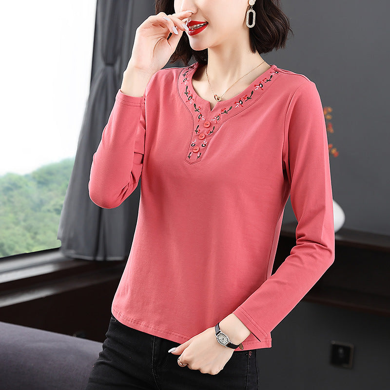 Embroidered Long-Sleeved T-Shirt for Women 2024 Autumn New Style Bottoming Shirt for Middle-Aged and Elderly Mothers Wholesale Plus Size Tops for Delivery