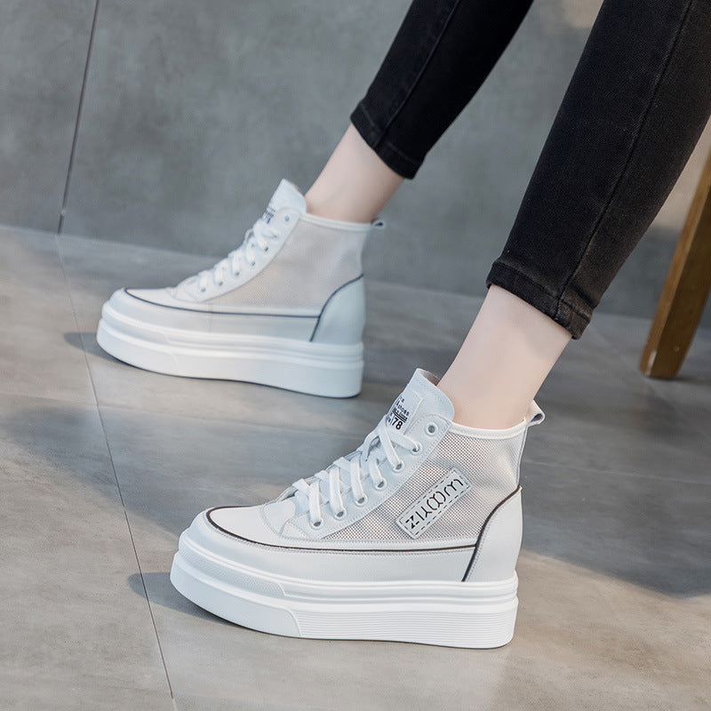 2025 Spring New Women's Mesh High-Top White Shoes with Hidden Heel, Korean Style Casual Platform Shoes