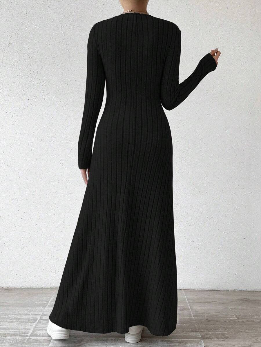 Slim Fashion Women's Knitted Pure Color Long-Sleeved A-Line Street Long Skirt for Women