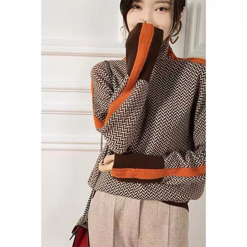Retro Niche Design Knitwear for Women in Autumn and Winter Loose High-Neck Long-Sleeved Knitwear with Contrasting Color Inner Layering Shirt Top