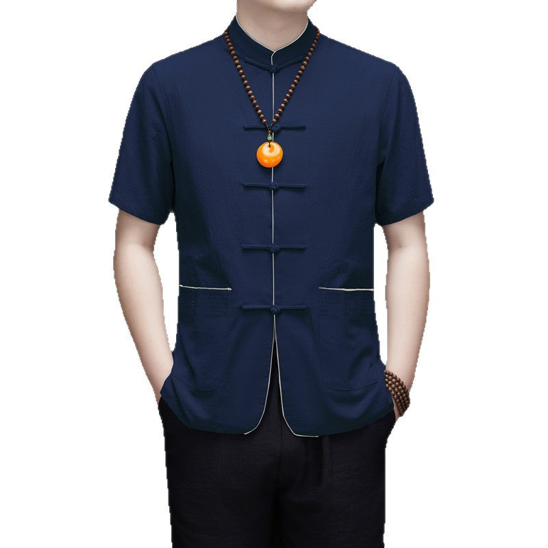 New Tang Suit Men's Tops, New Chinese Style Ancient Style Summer Clothes, Short-Sleeved Summer Suits for Middle-Aged and Elderly People, Dad's Summer Suits