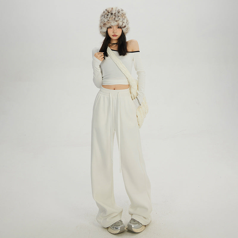 White Wide-Leg Pants for Women, 2025 Autumn and Winter New Style, Fleece-Lined, Thickened, Straight-Leg, Loose, High-Waisted, Slimming, Sporty Casual Pants