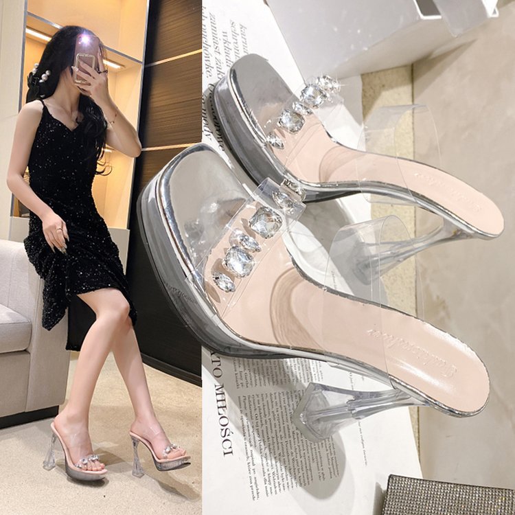 2024 New Ultra-High Heels with Chunky Heels, Rhinestone Sandals, Transparent Crystal Platform, Model Runway Sky-High Women's Shoes